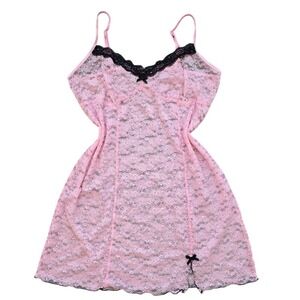 Vintage Pink Black Lace Slip Dress Y2K Coquette Sheer Lingerie by George Large